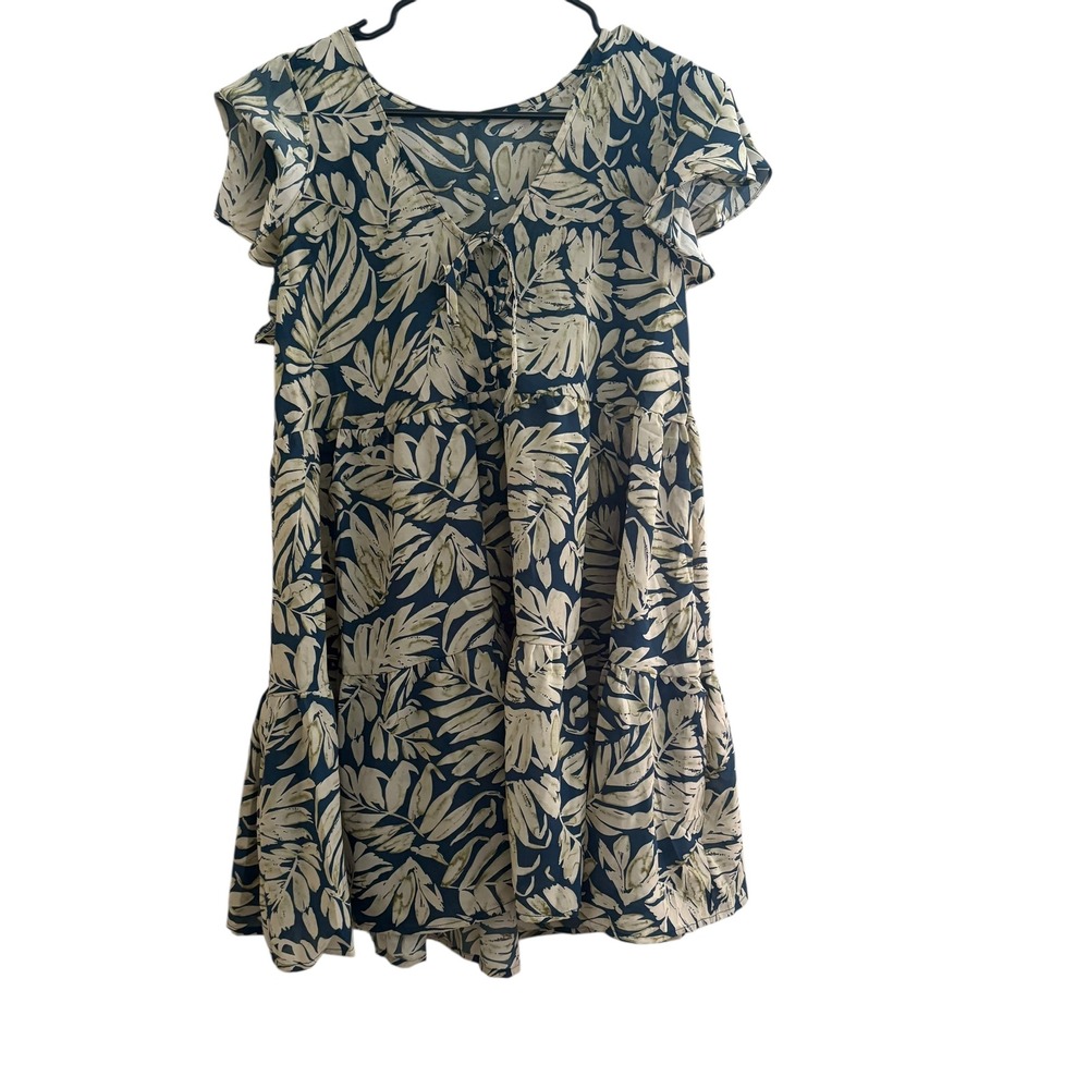 Cupshe Women's Dress Small Blue White Leaf Print Ruffle Short Sleeve Tiered NWT